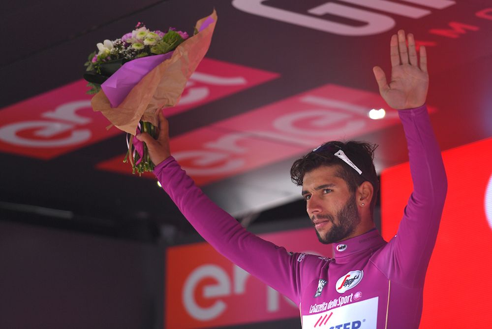 Fernando Gaviria on the stage 17 podium at the Giro d'Italia