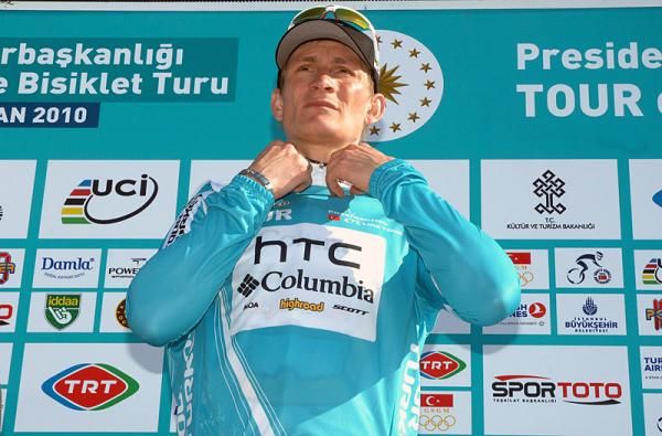 Andr&eacute; Greipel (Team HTC - Columbia) dons the leader's jersey after stage two.