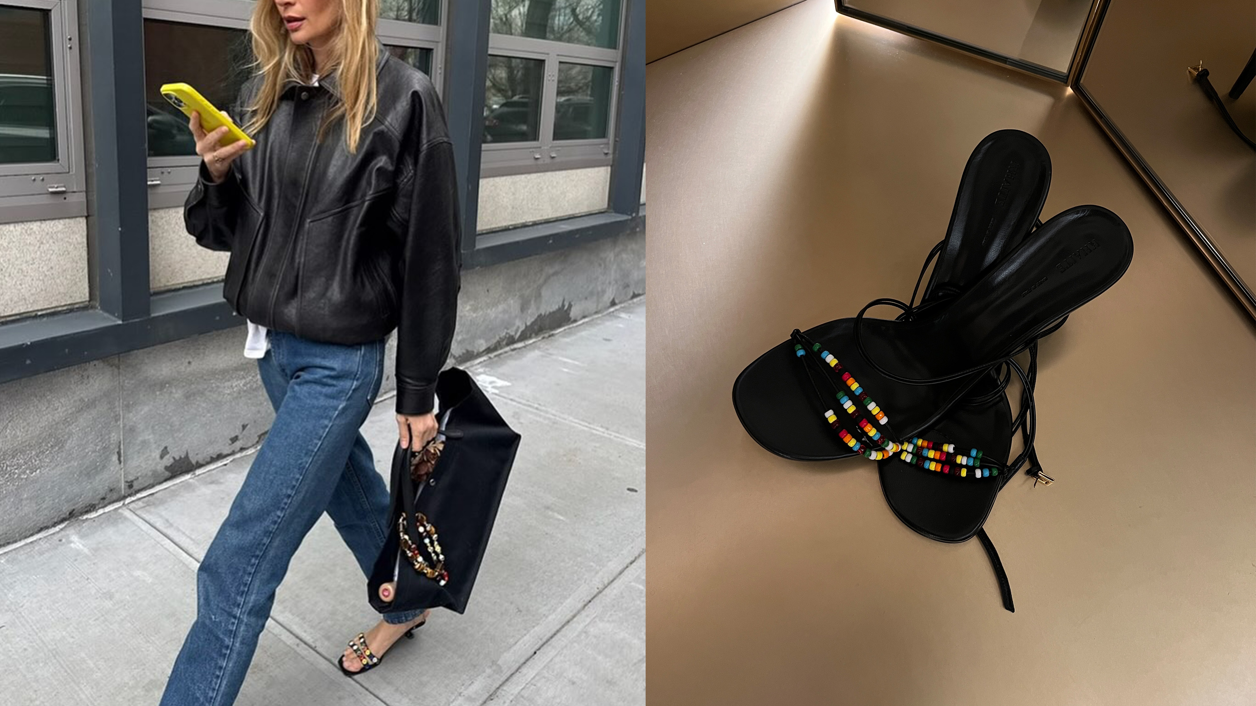 A collage showing two pairs of black beaded sandals.