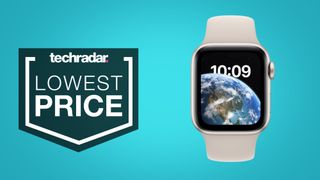 Apple Watch SE 2022 on light blue background with lowest price text overlay