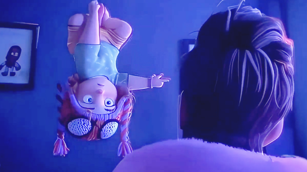 Toddler Mayday Parker hangs upside down in Spider-Man: Into the Spider-Verse.