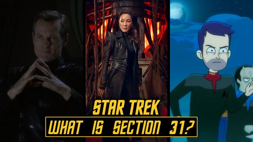 Split image showing three members of Section 31. Left: a Man with his hands together, only the fingertips touching; Middle: A woman in a black overcoat; Right: A cartoon man with purple hair. The image has the text &quot;Star Trek: What is Section 31?&quot; over the top.