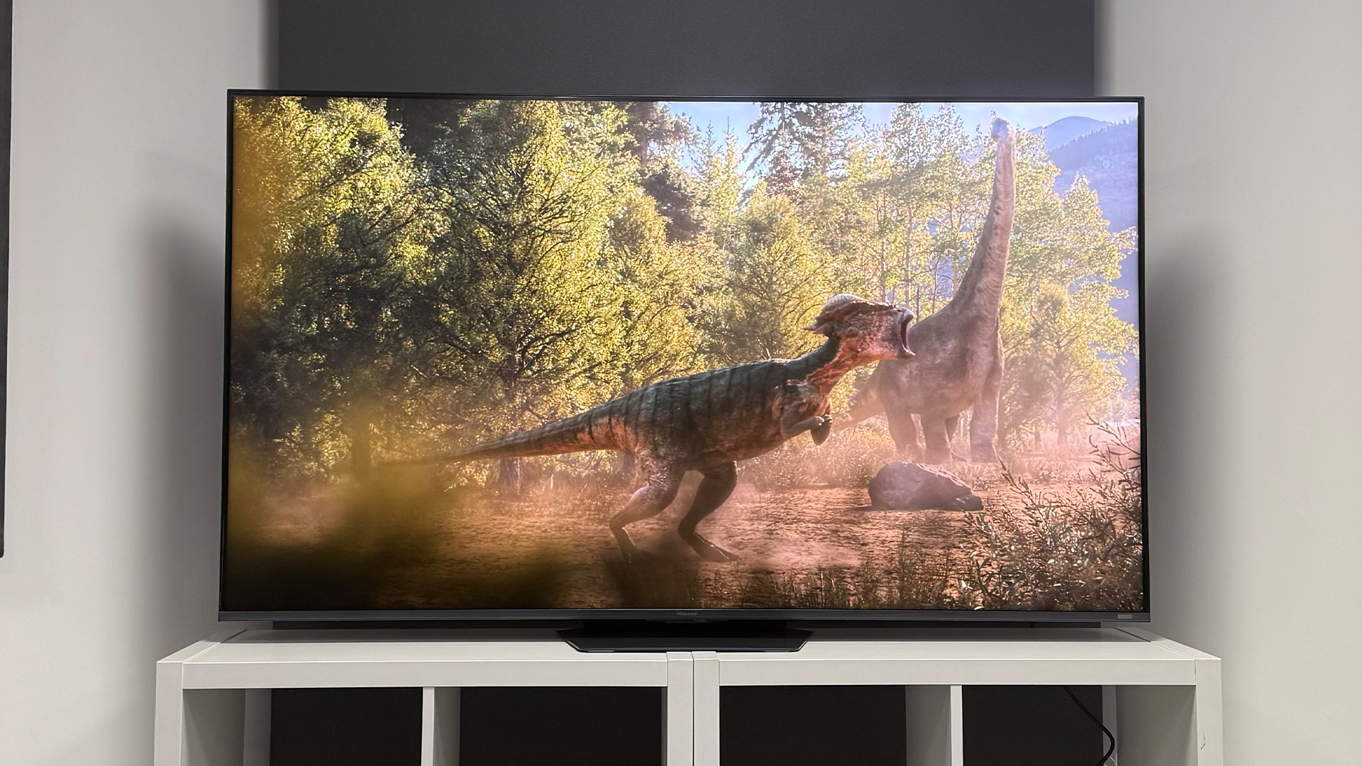 The 65-inch Hisense UR9 RGB Mini LED TV, photographed on a white, wooden unit. On the screen is a still from Netflix documentary, The Dinosaurs.