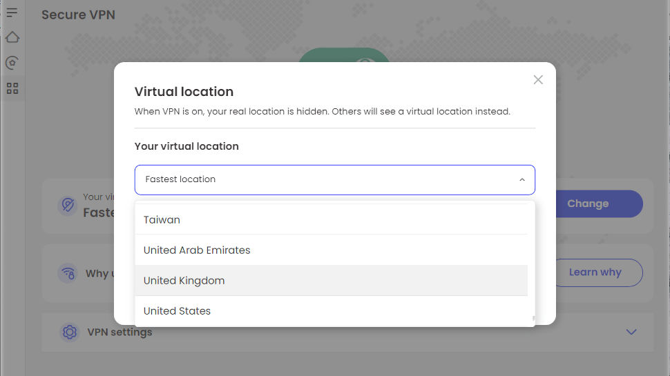 McAfee+ Premium VPN locations.