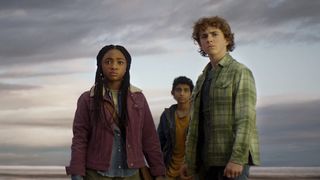 Walker Scobell (Percy Jackson), Leah Sava Jeffries (Annabeth Chase), and Aryan Simhadri (Grover Underwood) in Percy Jackson and the Olympians