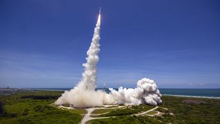 A United Launch Alliance Atlas V rocket carrying the SBIRS Geo Flight 5 missile-warning satellite for the U.S. Space Force lifts off from Space Launch Complex 41 at Cape Canaveral Space Force Station in Florida on May 18, 2021.