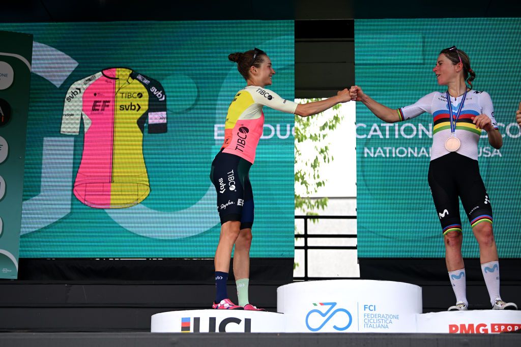 BORGO VAL DI TORO ITALY JULY 03 LR The second classified Veronica Ewers of The United States and Team EF EducationTibcoSvb and Annemiek Van Vleuten of The Netherlands and Movistar Team third place winner congratulate each other at podium during the 34th Giro dItalia Donne 2023 Stage 4 a 134km stage from Fidenza to Borgo Val di Toro UCIWWT on July 03 2023 in Borgo Val di Toro Italy Photo by Dario BelingheriGetty Images