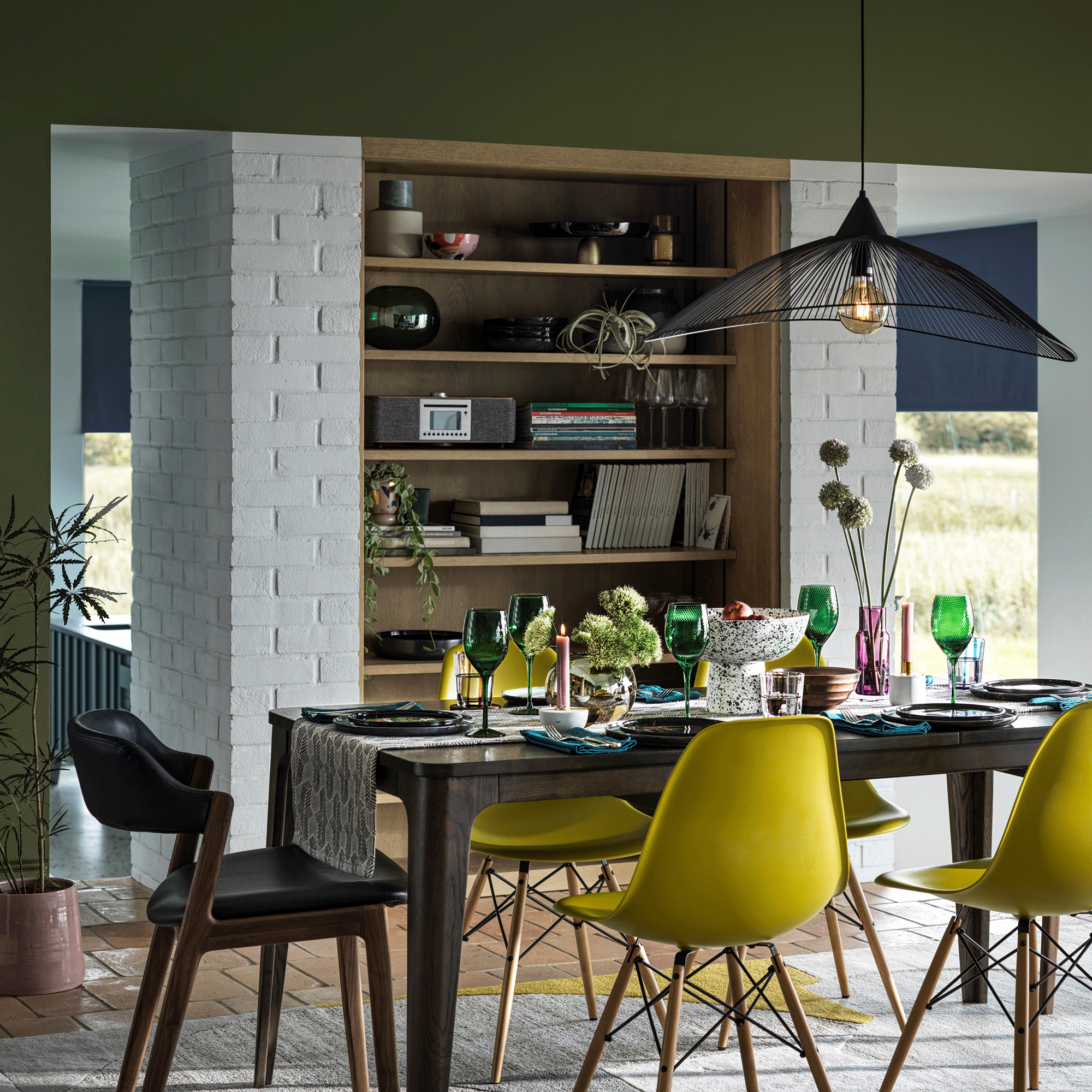 Table with yellow chair in dining room