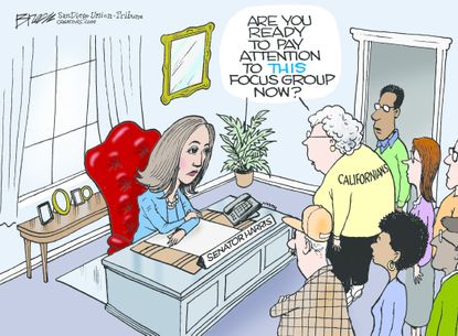 Political Cartoon U.S. Kamala Harris 2020 Drop-out Elderly Californians
