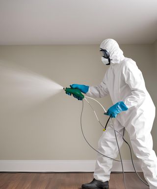 AI image of a person in a bio hazard suit spraying pesticide in an empty living room with wooden floors and baseboards