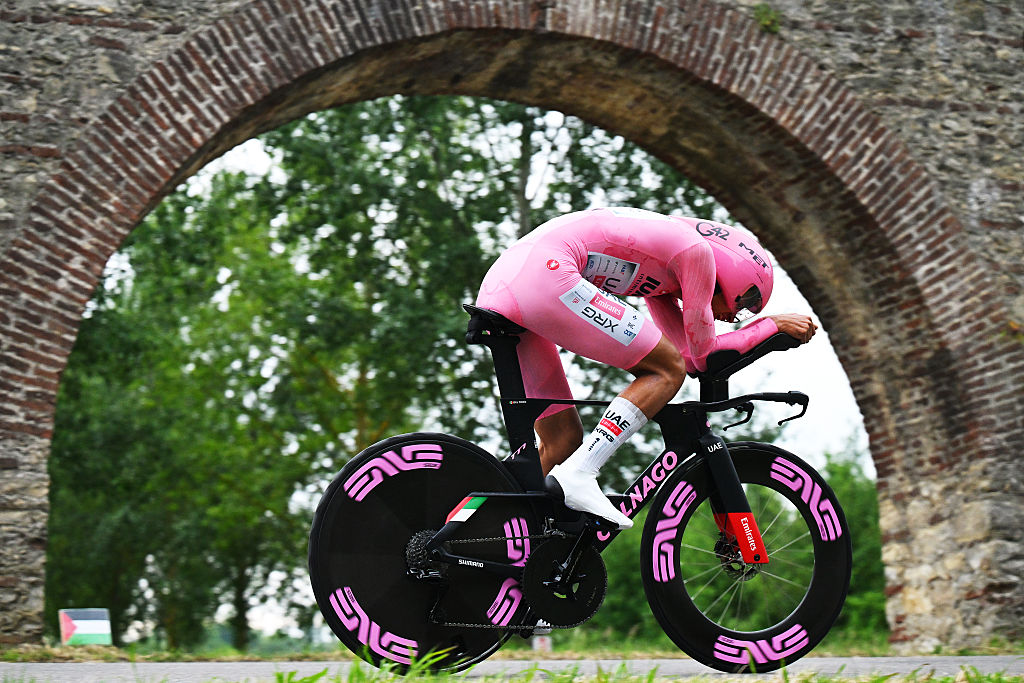 Isaac Del Toro in the pink jersey competes during a time trial in the 2025 Giro d'Italia