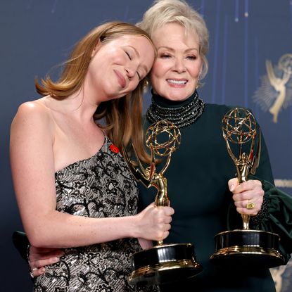 Hannah Einbinder and Jean Smart, winners of Outstanding Supporting Actress in a Comedy Series and Lead Actress in a Comedy Series for "Hacks", pose in the press room during the 77th Primetime Emmy Awards at Peacock Theater on September 14, 2025 in Los Angeles, California. 