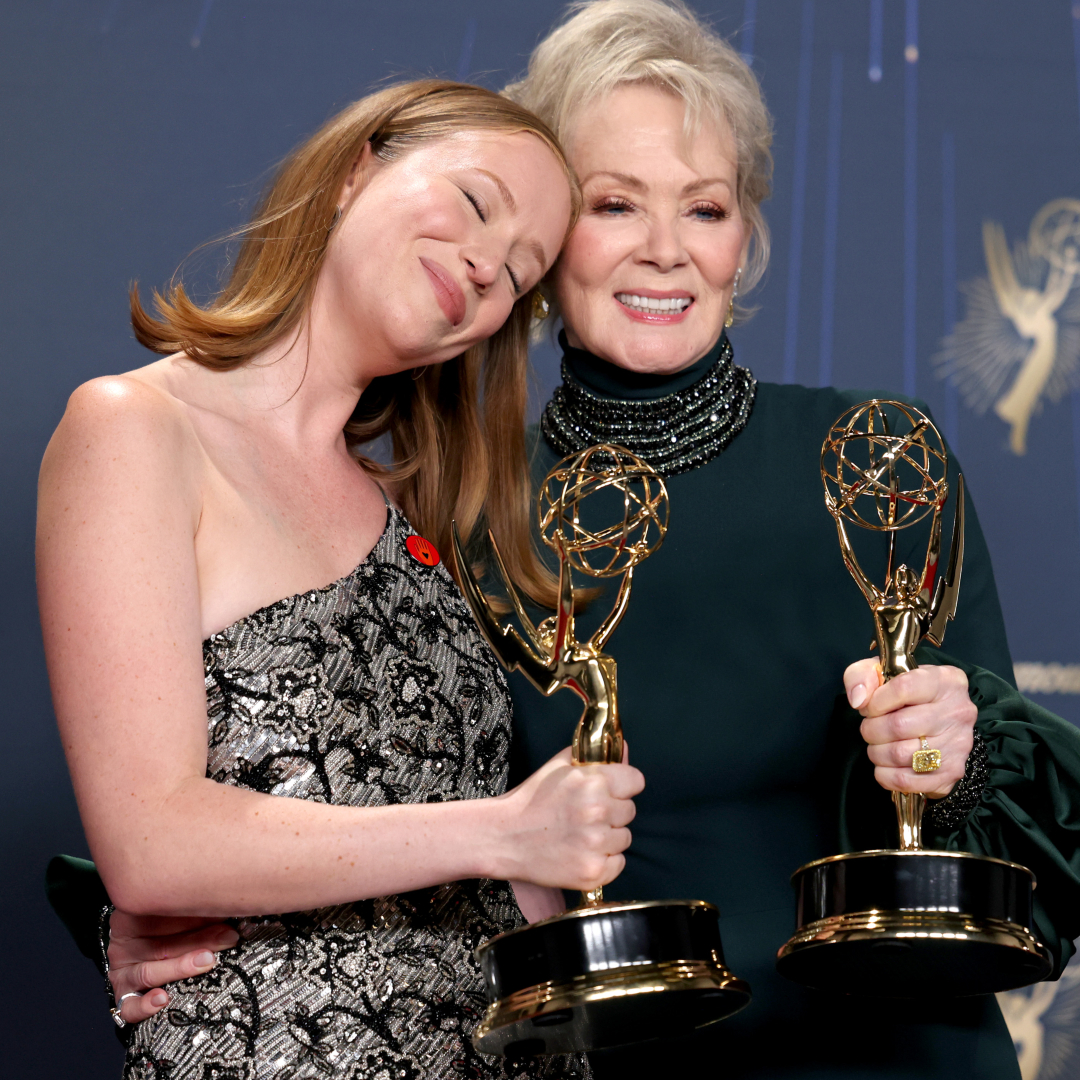 Hannah Einbinder and Jean Smart, winners of Outstanding Supporting Actress in a Comedy Series and Lead Actress in a Comedy Series for "Hacks", pose in the press room during the 77th Primetime Emmy Awards at Peacock Theater on September 14, 2025 in Los Angeles, California. 