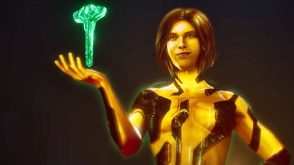 Halo Campaign Evolved Two Betrayals cutscene gold Cortana in Halo control room holding the index
