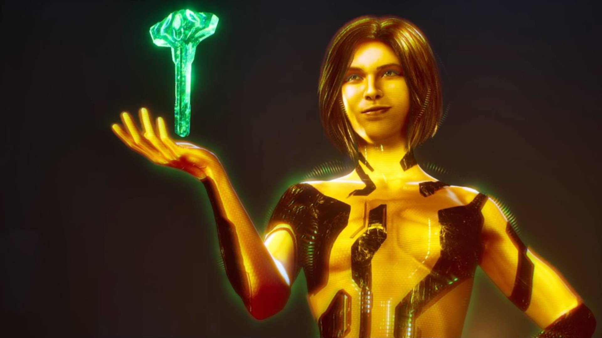 Halo Campaign Evolved Two Betrayals cutscene gold Cortana in Halo control room holding the index