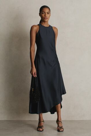 Satin Shirred Midi Dress in Navy