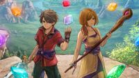 Two anime-style fantasy heroes stand on a cliffside surrounded by magic crystals