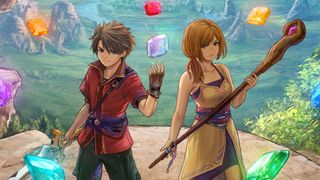 Two anime-style fantasy heroes stand on a cliffside surrounded by magic crystals