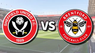 The Sheffield United and Brentford club badges on top of a photo of Bramall Lane stadium in Sheffield, England