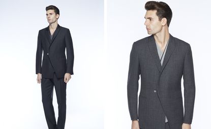 Male models wearing the Kilgour Spring / Summer 2016 collection. The model is wearing a smart gray suit in both photos