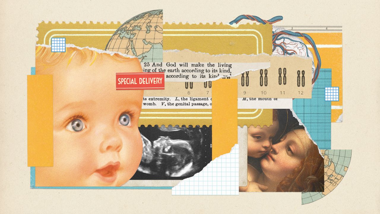 Photo collage of babies, chromosomes, a placenta, ultrasound scan and a map of the world