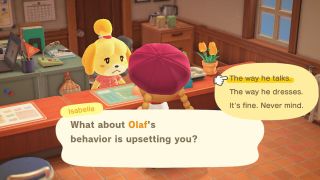 Animal Crossing New Horizons talking to Isabelle about a villager