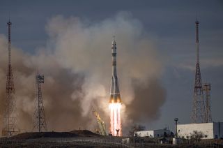 Russia's Soyuz MS-25 spacecraft, atop a Soyuz 2.1a rocket, lifts off for the International Space Station from the Baikonur Cosmodrome on Saturday, March 23, 2024.