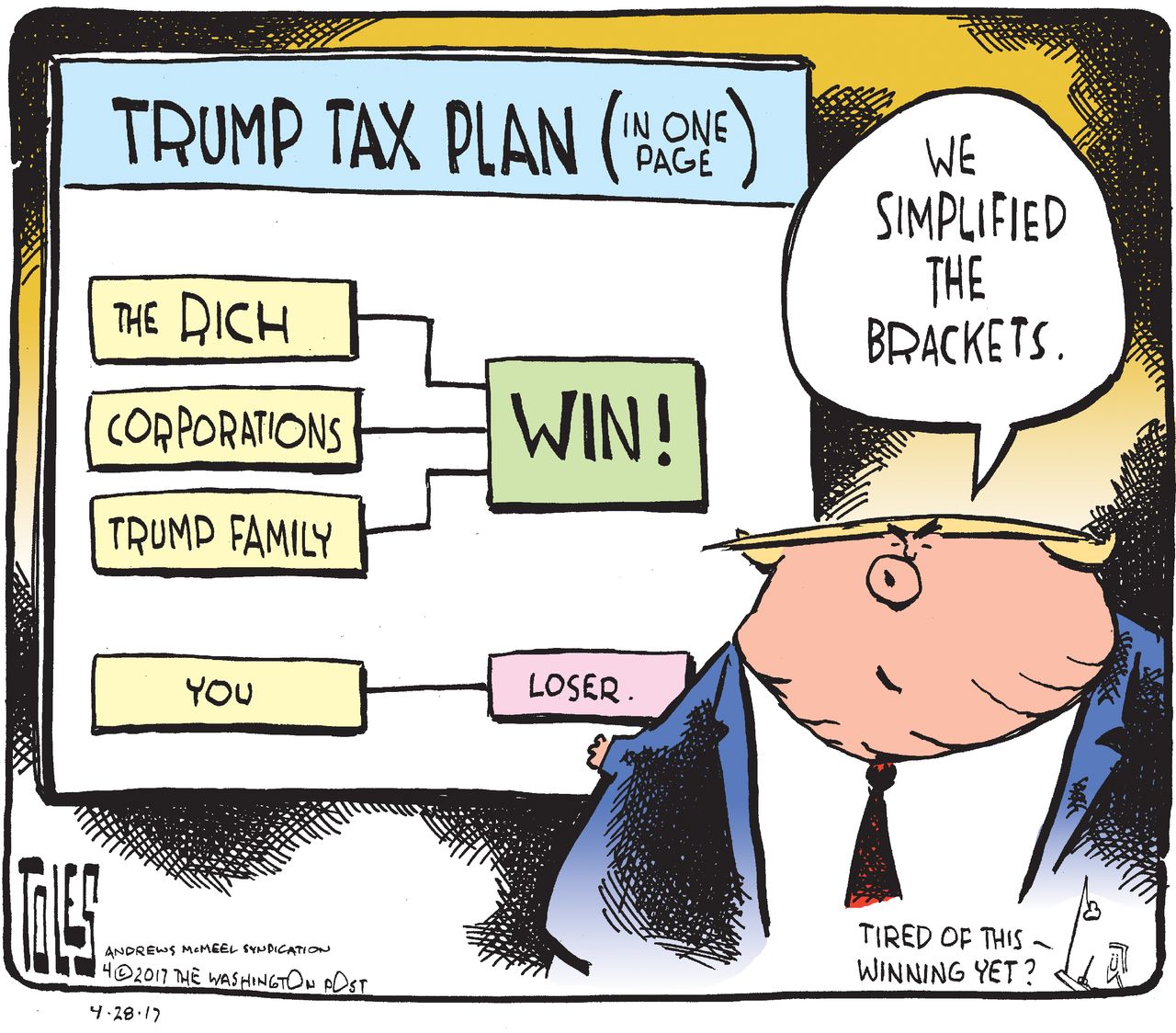 Political Cartoon U.S. President Trump tax reform brackets wealthy