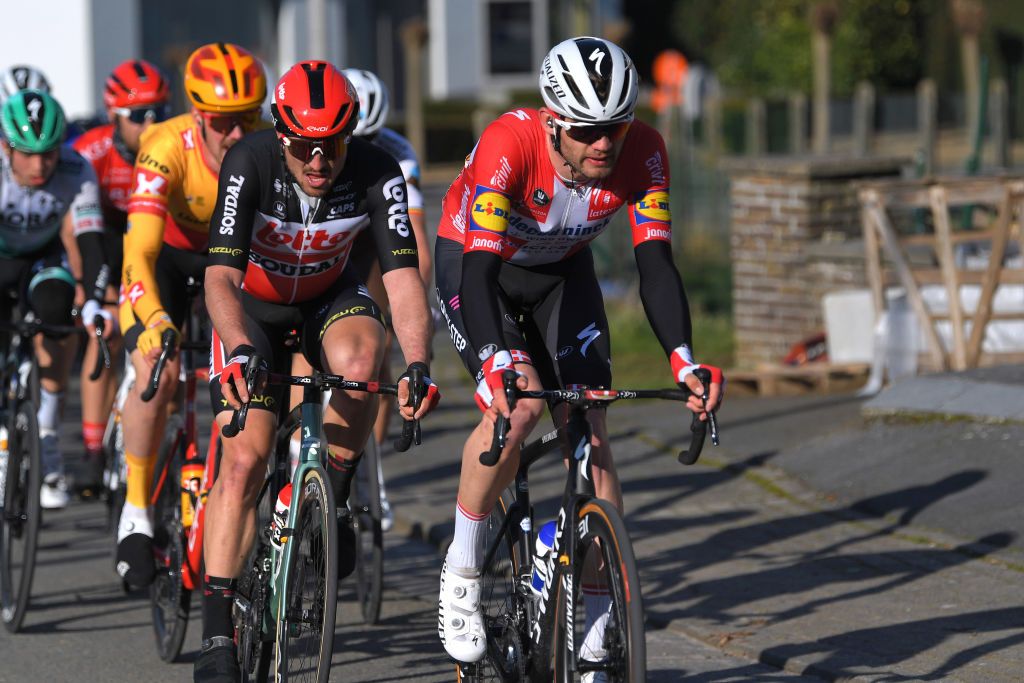 KUURNE BELGIUM FEBRUARY 28 John Degenkolb of Germany and Team Lotto Soudal Kasper Asgreen of Denmark and Team Deceuninck QuickStep during the 73rd Kuurne Bruxelles Kuurne 2021 a 197km race from Kuurne to Kuurne KBK21 KuurneBrusselKuurne on February 28 2021 in Kuurne Belgium Photo by Luc ClaessenGetty Images
