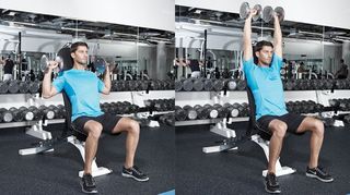 Man performs seated dumbbell shoulder press in gym