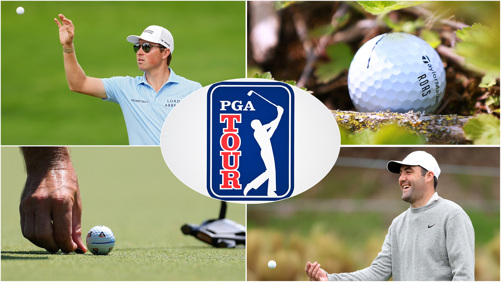 A PGA Tour logo in the middle, with several golf balls around it 
