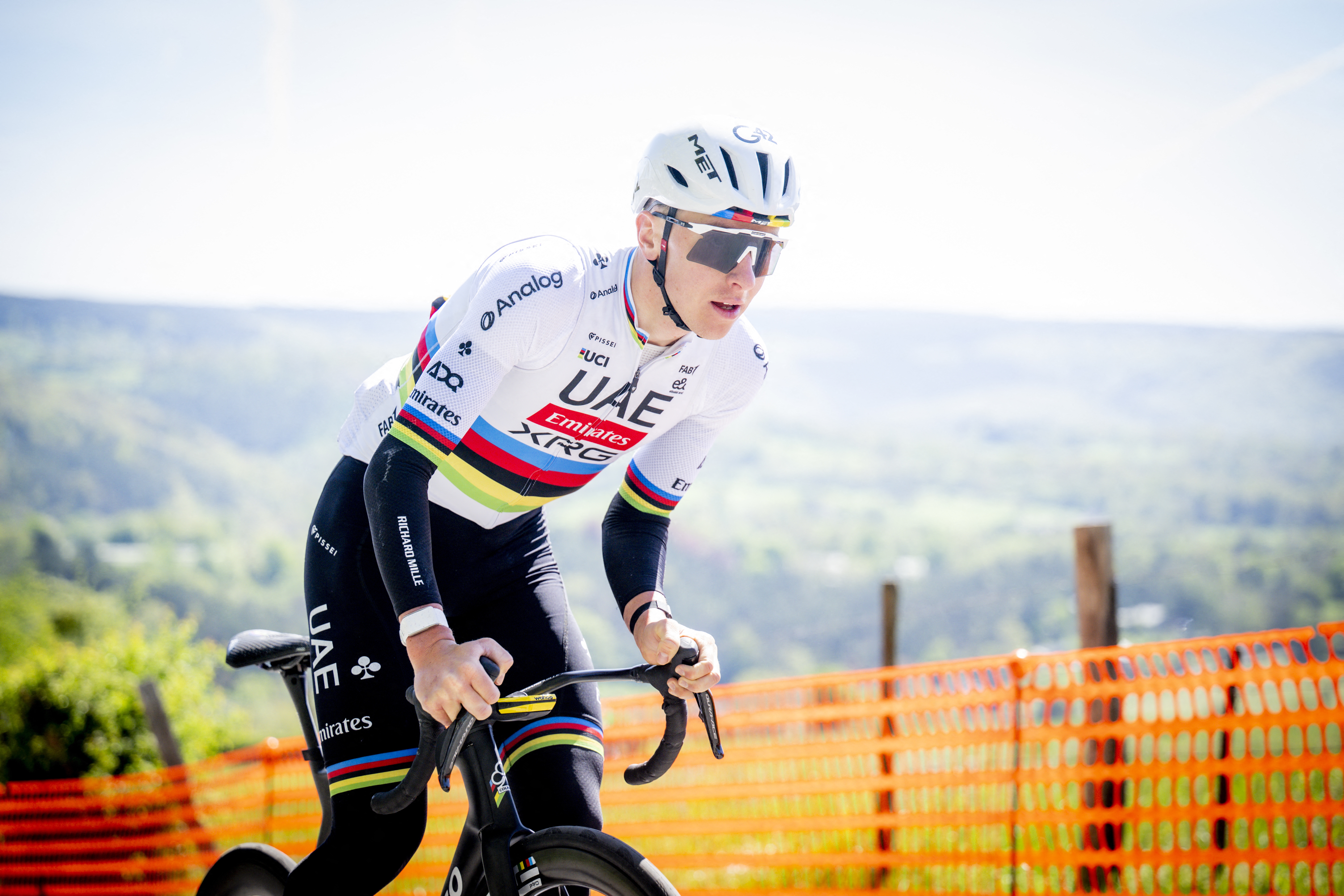 UAE Team Emirates-XRG's Slovenian rider Tadej Pogacar cycles during a track reconnaissance session, ahead of the Liege-Bastogne-Liege one day cycling race, near Liege on April 24, 2026
