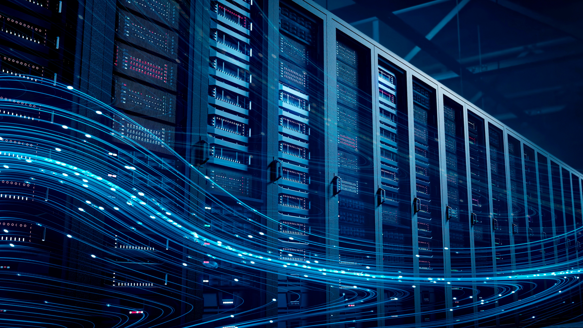 Stylized image of a data center rack with electric blue lines running across it