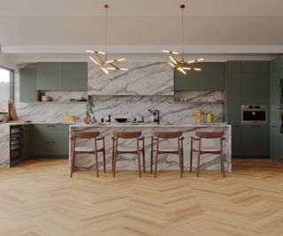 kitchen diner with marble on island unit matching splashbacks on walls