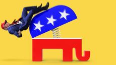 Photo collage illustration of the GOP elephant symbol tipping Donald Trump off its back