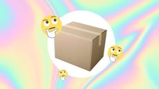 A cardboard box on a rainbow background with thinking emojis around it