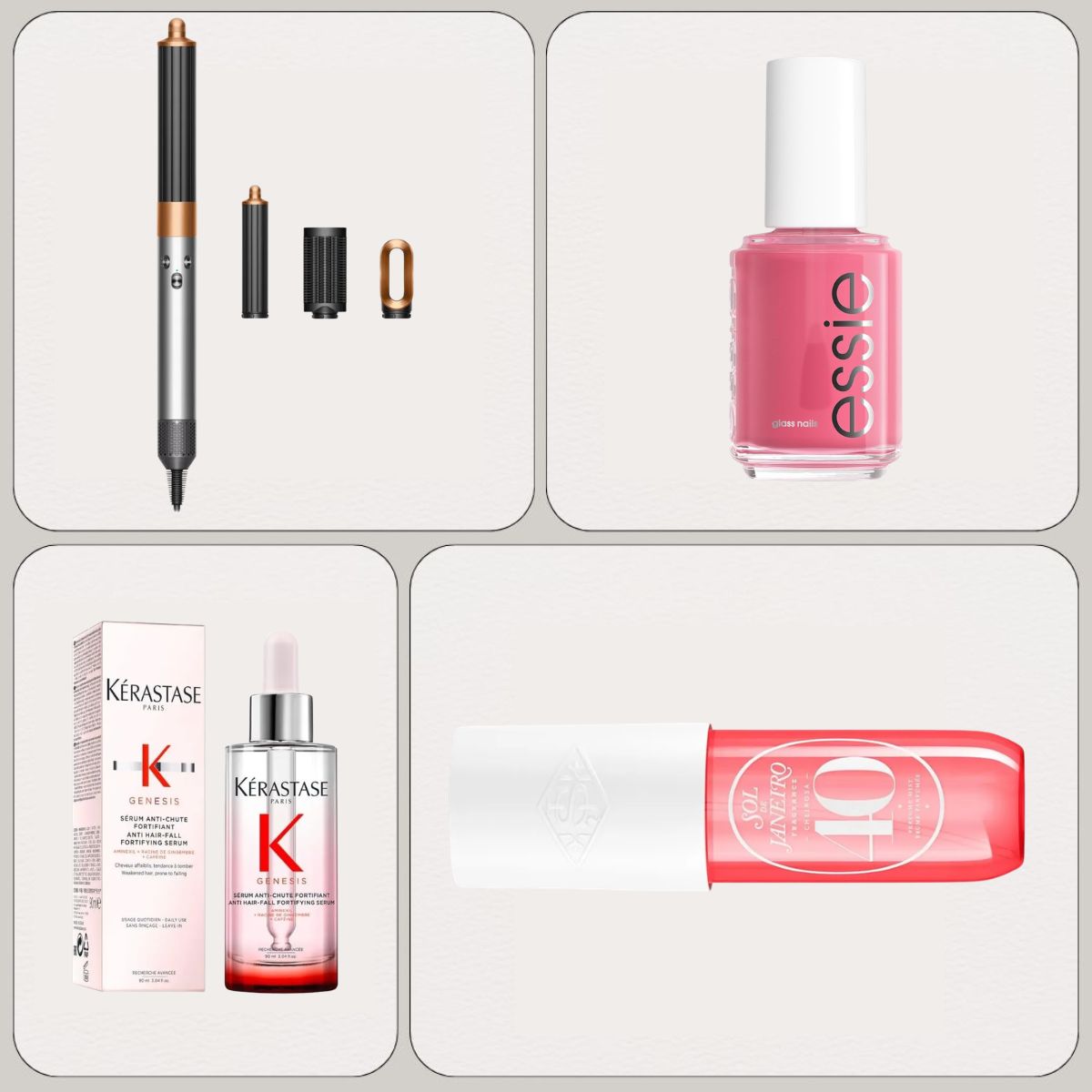 A collage of products in the Amazon spring sale from Dyson, Essie, Kerastase, Sol de Janeiro
