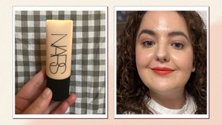 An image of senior beauty editor Rhiannon Derbyshire holding a bottle of the NARS Soft Matte Complete Foundation alongside another image of her wearing it on her skin to illustrate the options for the best NARS foundation