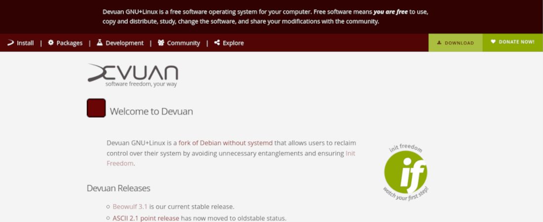 Screenshot of Devuan GNU+Linux distro&#039;s website