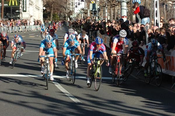 The sprint for second is taken by Cunego, but there's about to be more excitment