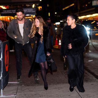 NEW YORK, NEW YORK - JANUARY 11: Brandon Sklenar (L) and Sydney Sweeney (C) attend 'Cult of Love' on Broadway in Midtown on January 11, 2025 in New York City.