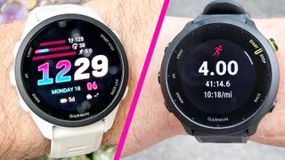 Close-up split screen showing the Garmin Forerunner 70 on the left and the Forerunner 55 on the right