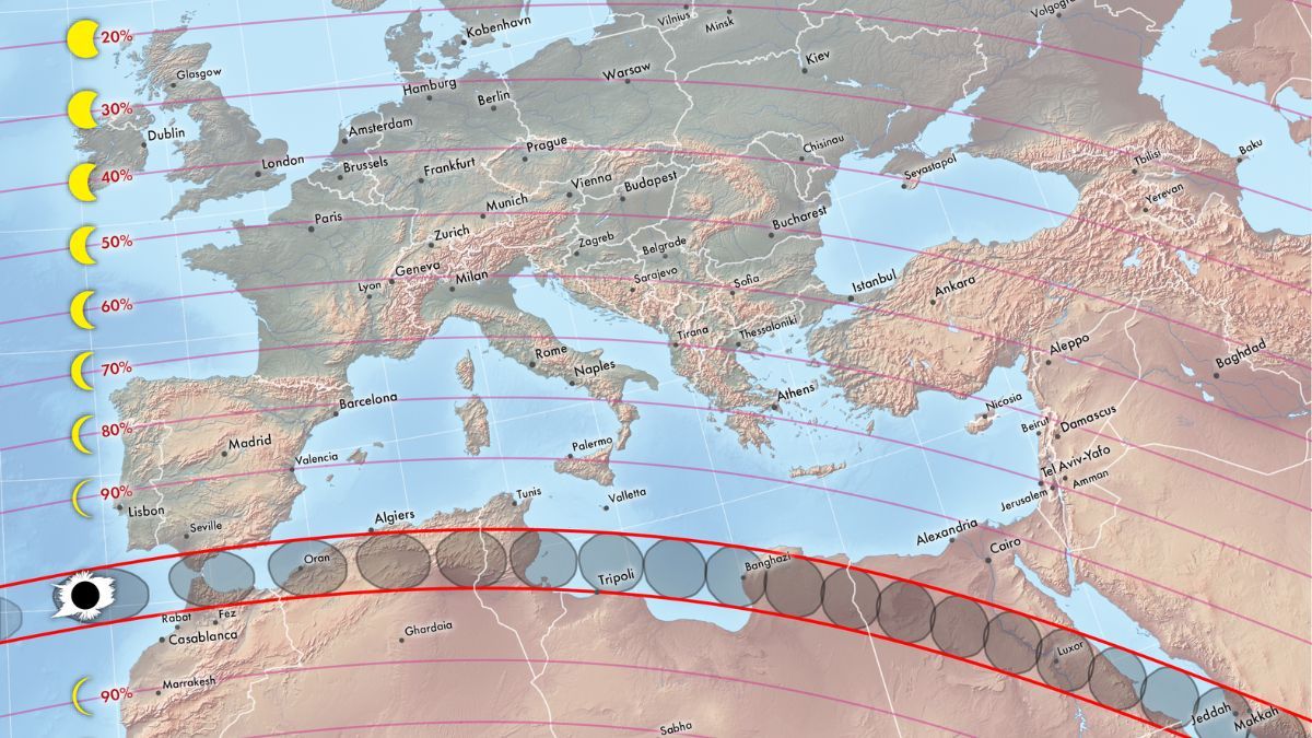 Un mapa de África y el Mediterráneo que muestra la trayectoria del eclipse solar total en 2027.