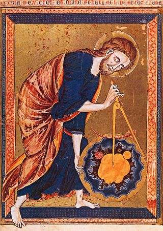 Science, and particularly geometry and astronomy/astrology, was linked directly to the divine for most medieval scholars. The compass in this 13th century manuscript is a symbol of God's act of creation.