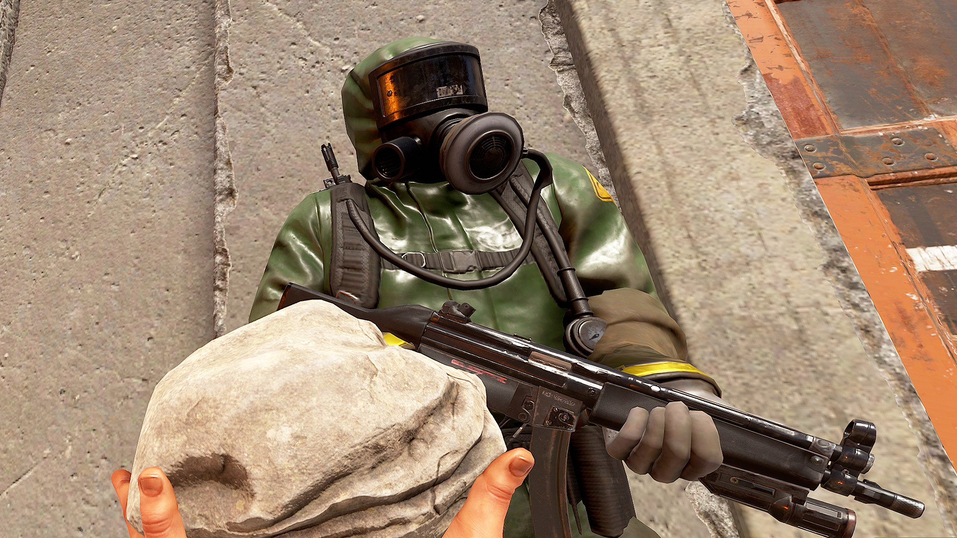 A Rust NPC holding a gun while the player wields a rock