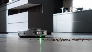 3i robot vacuums shown in a modern living room area.