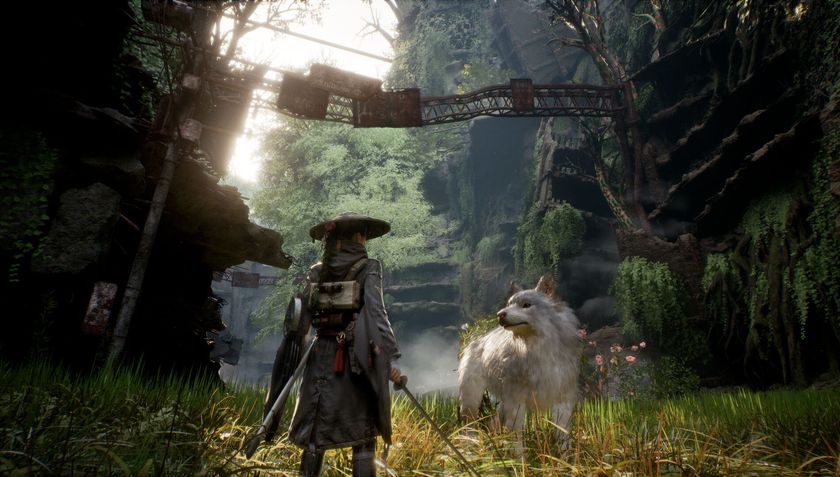 A woman with a sword and a wolf stand together in a post-apocalyptic setting 