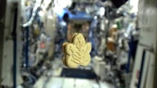 a cookie floating in front of a crowded space station module