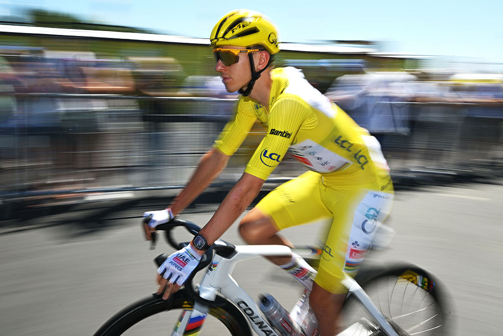 SAINT-MEEN-LE-GRAND, FRANCE - JULY 12: Tadej Pogacar of Slovenia and UAE Team Emirates - XRG - Yellow leader jersey prior to the 112th Tour de France, Stage 8 a 197km stage from Saint-Meen-le-Grand to Laval (Espace Mayenne) / #UCIWT / on July 12, 2025 in Saint-Meen-le-Grand, France.