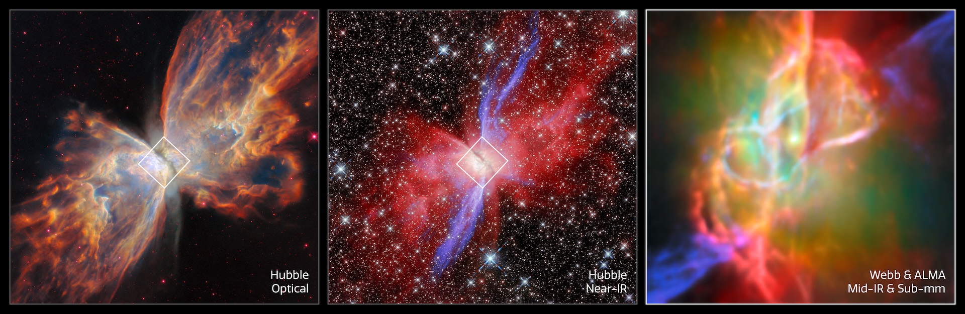 three different views of the Butterfly Nebula